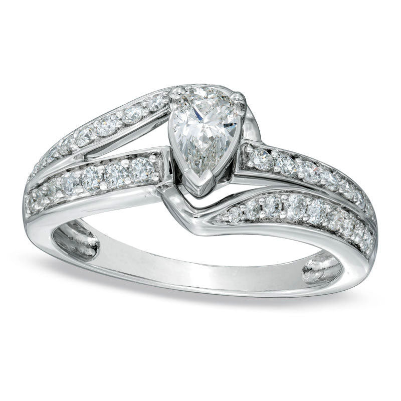 0.63 CT. T.W. Pear-Shaped Natural Diamond Bypass Engagement Ring in Solid 14K White Gold