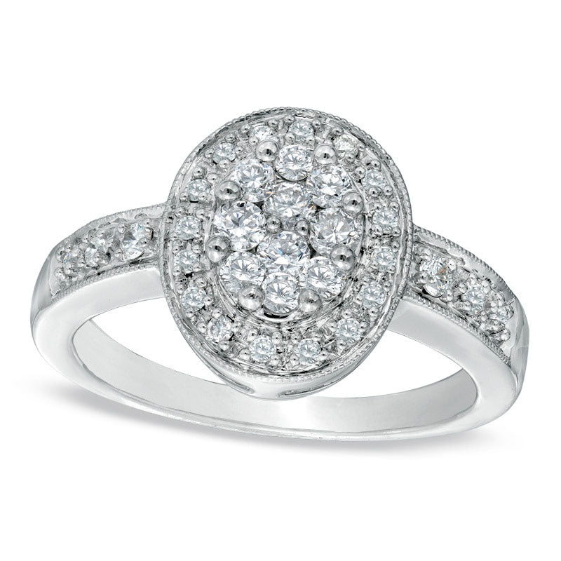 0.50 CT. T.W. Natural Diamond Cluster Oval Frame Engagement Ring in Solid 14K White Gold