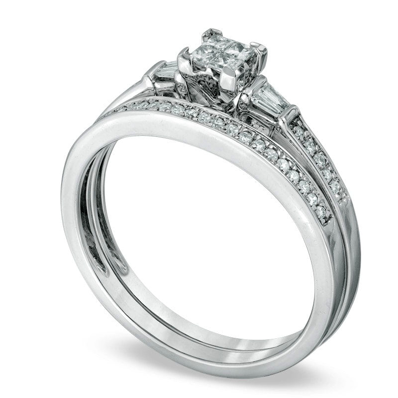 0.33 CT. T.W. Quad Princess-Cut Natural Diamond Bridal Engagement Ring Set in Solid 10K White Gold