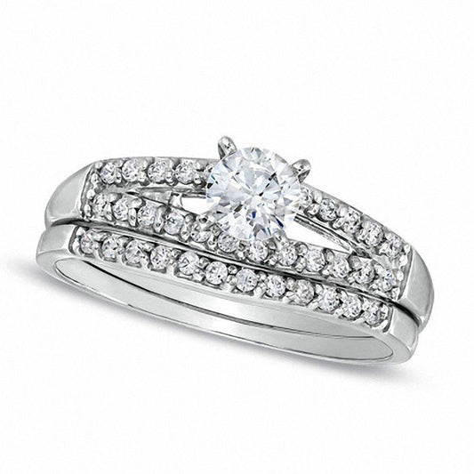 0.63 CT. T.W. Natural Diamond Split Shank Bridal Engagement Ring Set in Solid 14K White Gold