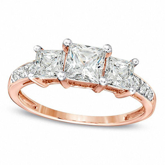 Princess-Cut Lab-Created White Sapphire Three Stone Ring in Solid 10K Rose Gold