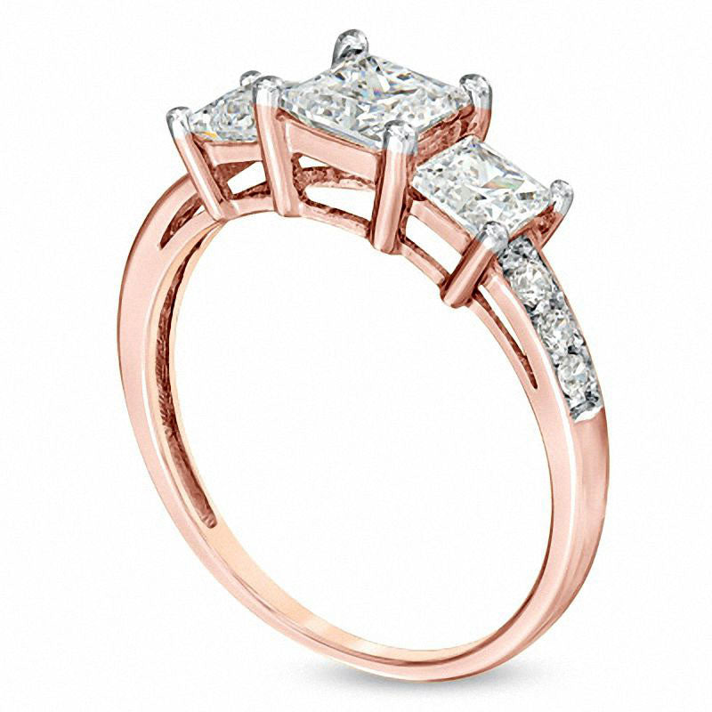 Princess-Cut Lab-Created White Sapphire Three Stone Ring in Solid 10K Rose Gold