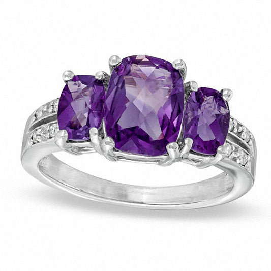 Cushion-Cut Amethyst and Natural Diamond Accent Ring in Solid 10K White Gold