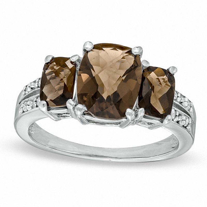 Cushion-Cut Smoky Quartz and Natural Diamond Accent Ring in Solid 10K White Gold