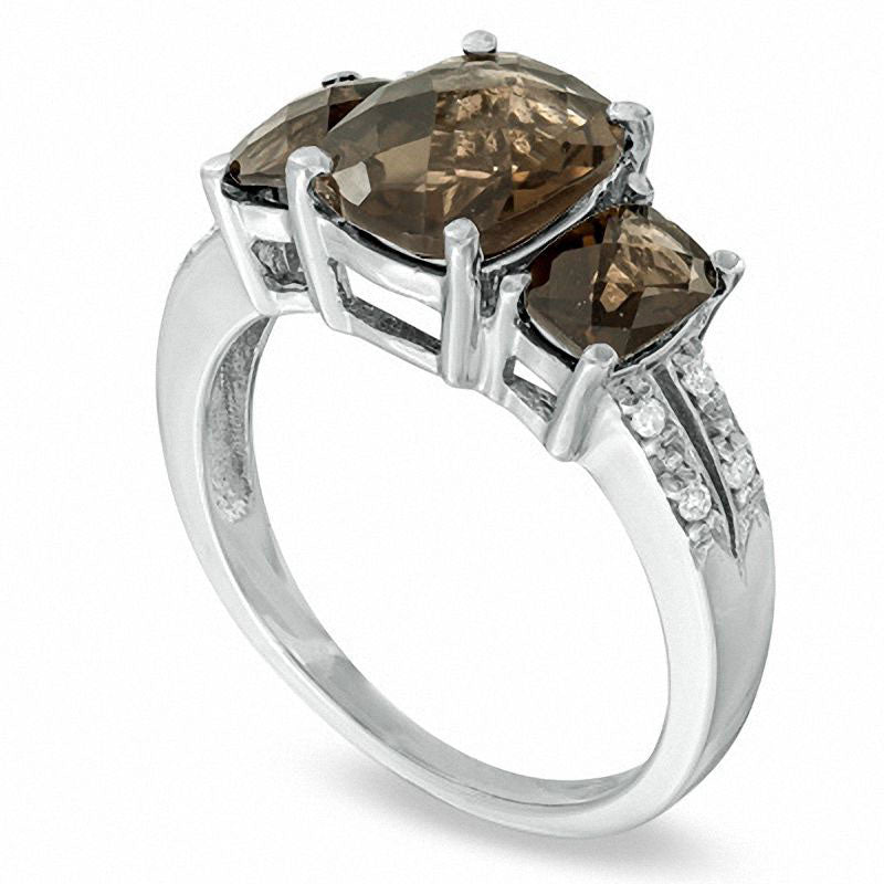 Cushion-Cut Smoky Quartz and Natural Diamond Accent Ring in Solid 10K White Gold