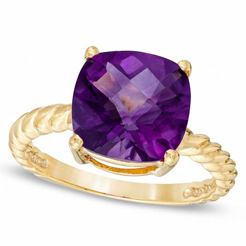 10.0mm Cushion-Cut Amethyst Ring in Solid 10K Yellow Gold