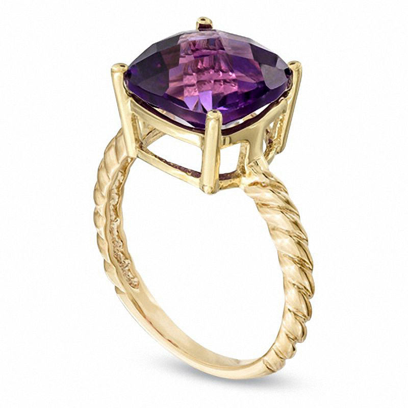 10.0mm Cushion-Cut Amethyst Ring in Solid 10K Yellow Gold