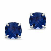 8.0mm Cushion-Cut Lab-Created Blue Sapphire Stud Earrings in Sterling Silver