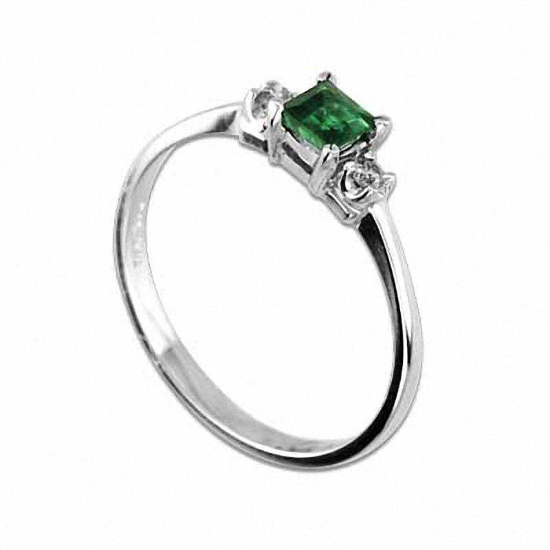 Princess-Cut Emerald and Natural Diamond Accent Engagement Ring in Solid 14K White Gold