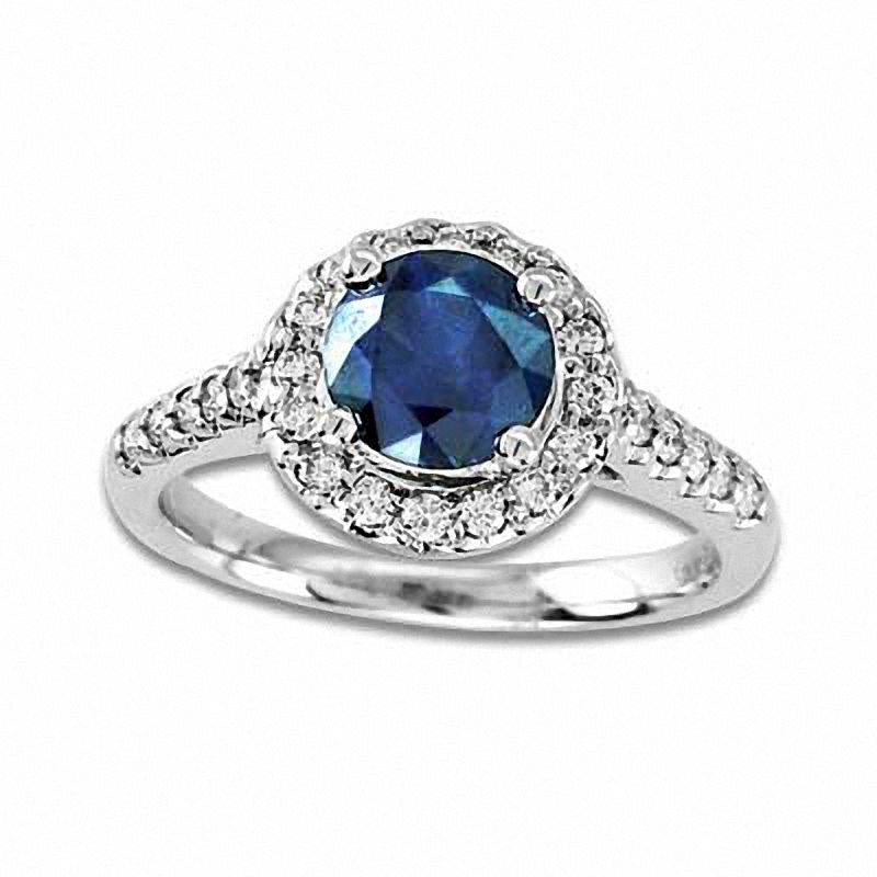 Blue Sapphire and 0.33 CT. T.W. Natural Diamond Frame Engagement Ring in Solid 14K White Gold