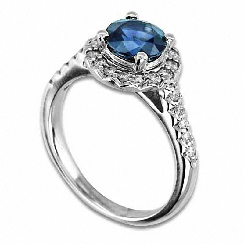 Blue Sapphire and 0.33 CT. T.W. Natural Diamond Frame Engagement Ring in Solid 14K White Gold