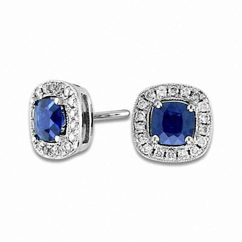 4.0mm Cushion-Cut Blue Sapphire and 0.13 CT. T.W. Diamond Frame Earrings in 14K White Gold