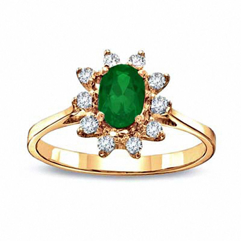 Oval Emerald and 0.13 CT. T.W. Natural Diamond Engagement Ring in Solid 14K Gold