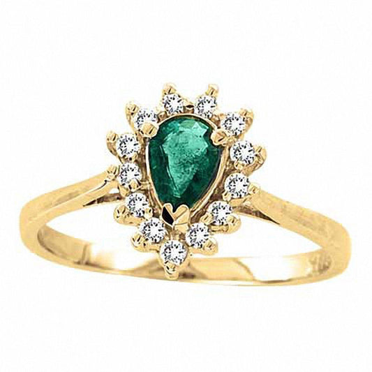 Pear-Shaped Emerald and 0.13 CT. T.W. Natural Diamond Engagement Ring in Solid 14K Gold