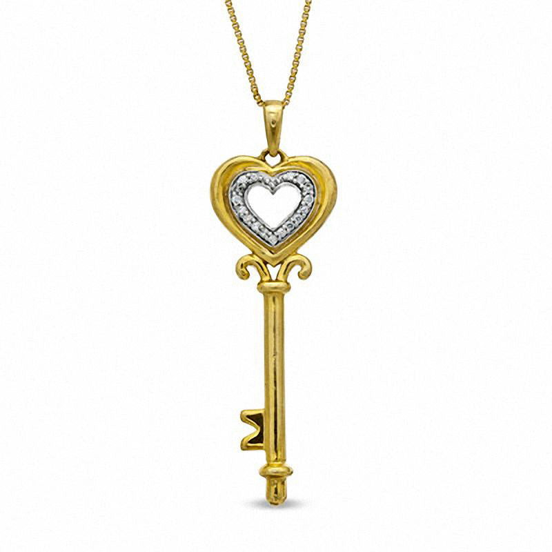 0.05 CT. T.W. Natural Diamond Heart Top Key Pendant in Sterling Silver and 14K Gold Plate