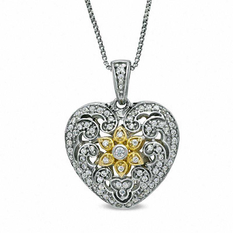 0.25 CT. T.W. Natural Diamond Antique Vintage-Style Heart Pendant in Sterling Silver and 14K Gold Plate