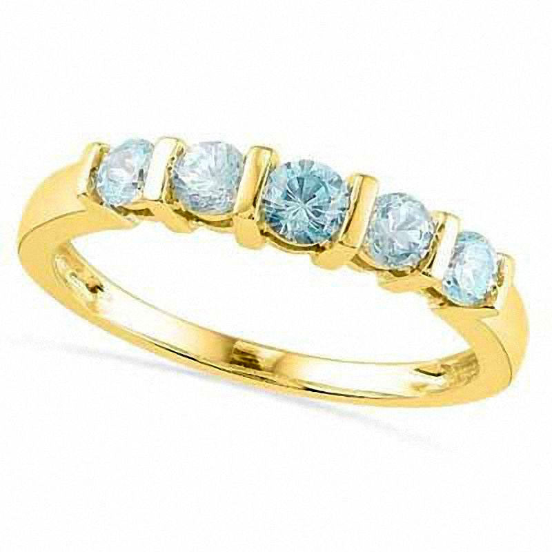 Aquamarine Five Stone Band in Solid 10K Yellow Gold