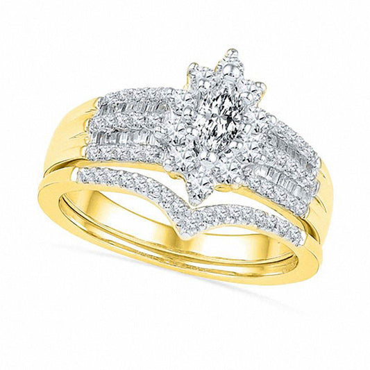 1.0 CT. T.W. Marquise Natural Diamond Frame Bridal Engagement Ring Set in Solid 10K Yellow Gold