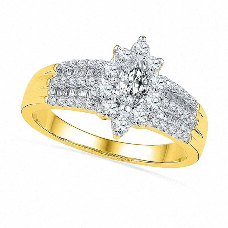 1.0 CT. T.W. Marquise Natural Diamond Frame Bridal Engagement Ring Set in Solid 10K Yellow Gold