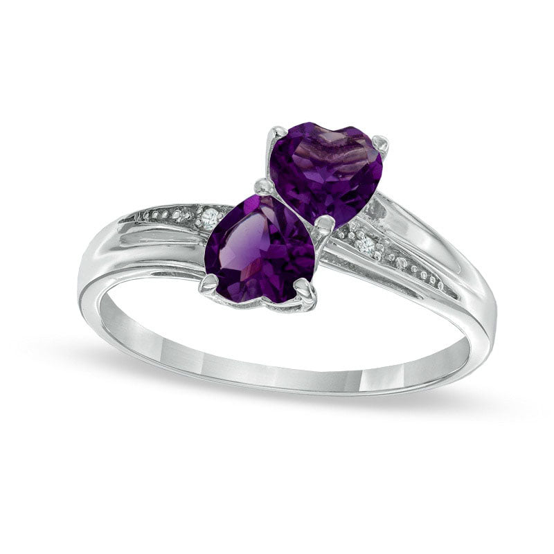 Heart-Shaped Amethyst and Natural Diamond Accent Double Heart Ring in Sterling Silver