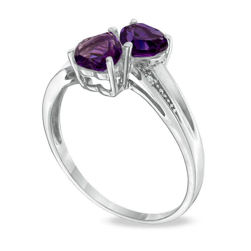 Heart-Shaped Amethyst and Natural Diamond Accent Double Heart Ring in Sterling Silver