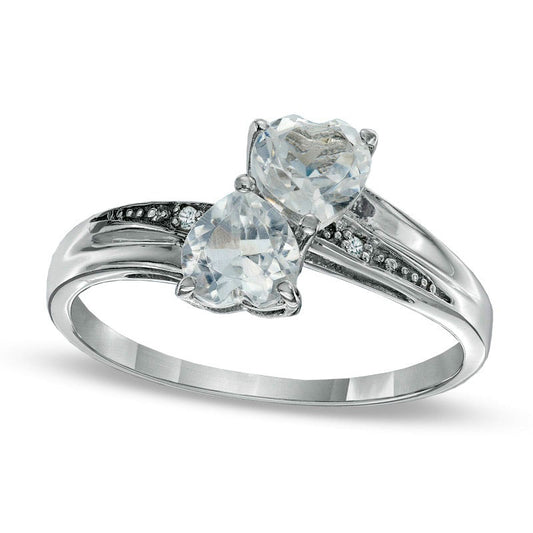 Heart-Shaped White Topaz and Natural Diamond Accent Double Heart Ring in Sterling Silver