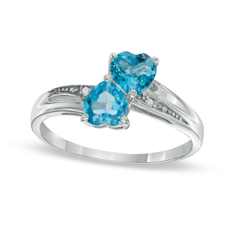 Heart-Shaped Blue Topaz and Natural Diamond Accent Double Heart Ring in Sterling Silver