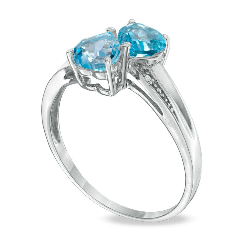 Heart-Shaped Blue Topaz and Natural Diamond Accent Double Heart Ring in Sterling Silver