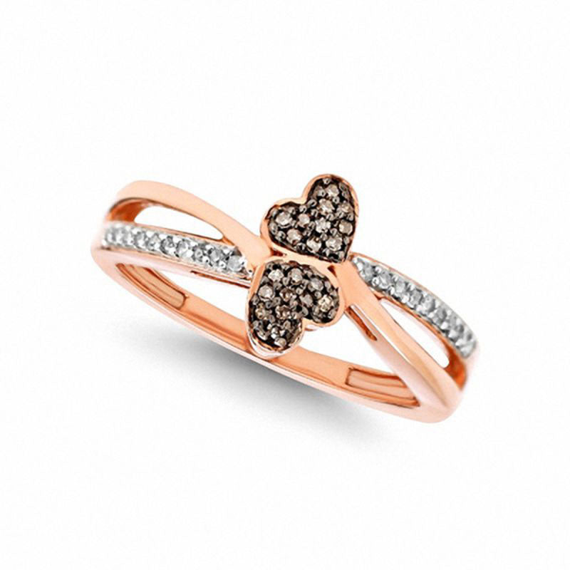 0.10 CT. T.W. Champagne and White Natural Diamond Double Heart Bypass Ring in Solid 10K Rose Gold