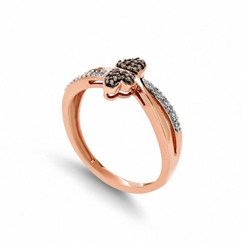 0.10 CT. T.W. Champagne and White Natural Diamond Double Heart Bypass Ring in Solid 10K Rose Gold