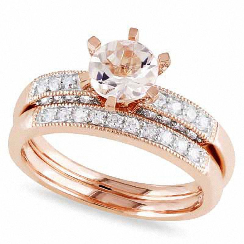 6.0mm Morganite and 0.33 CT. T.W. Natural Diamond Bridal Engagement Ring Set in Solid 10K Rose Gold