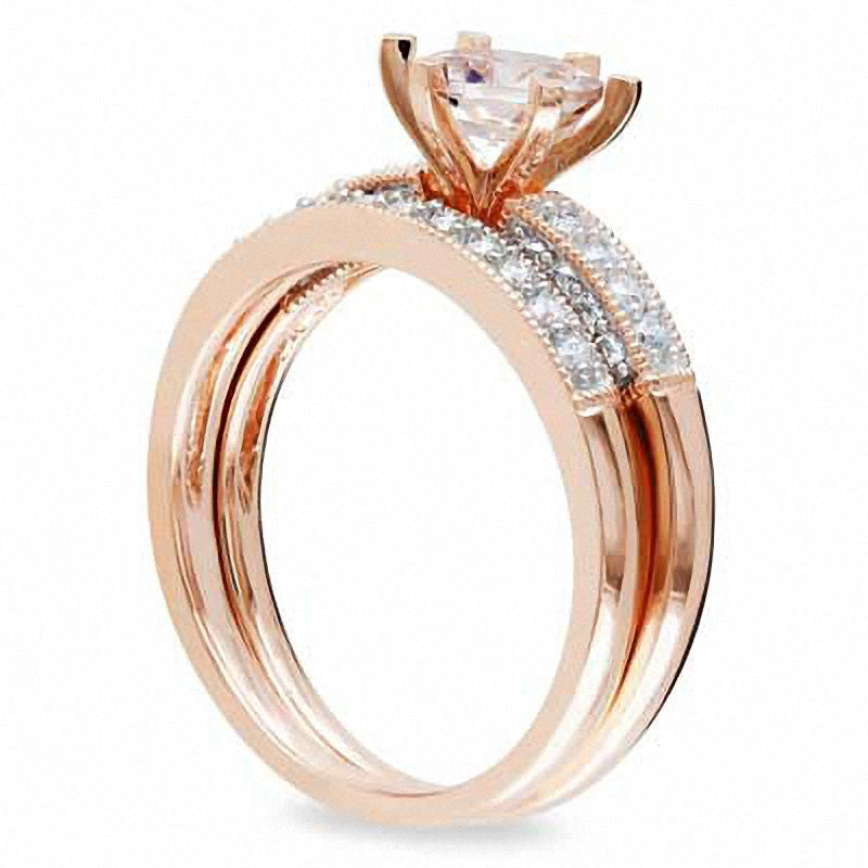 6.0mm Morganite and 0.33 CT. T.W. Natural Diamond Bridal Engagement Ring Set in Solid 10K Rose Gold