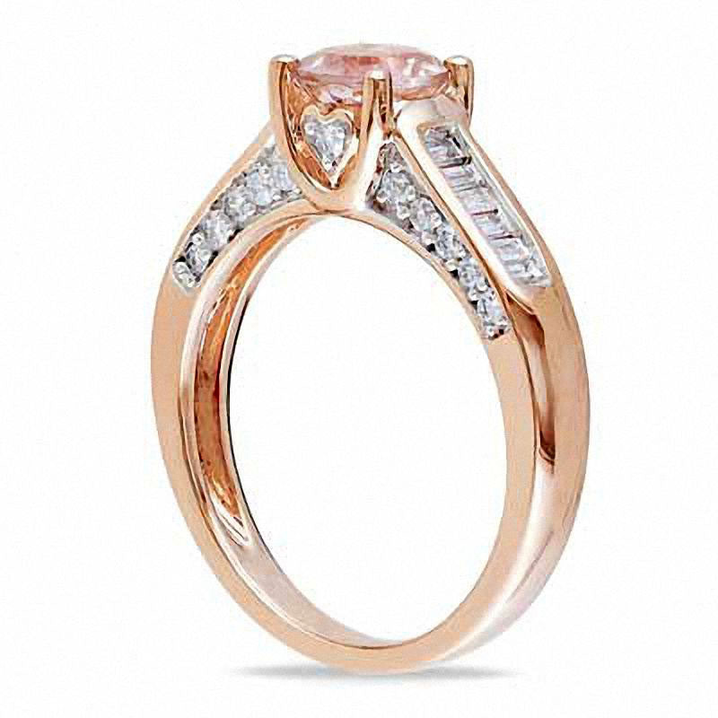 6.0mm Morganite and 0.50 CT. T.W. Baguette Natural Diamond Engagement Ring in Solid 14K Rose Gold