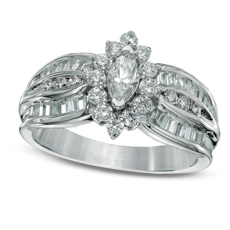 1.0 CT. T.W. Marquise Natural Diamond Frame Engagement Ring in Solid 10K White Gold