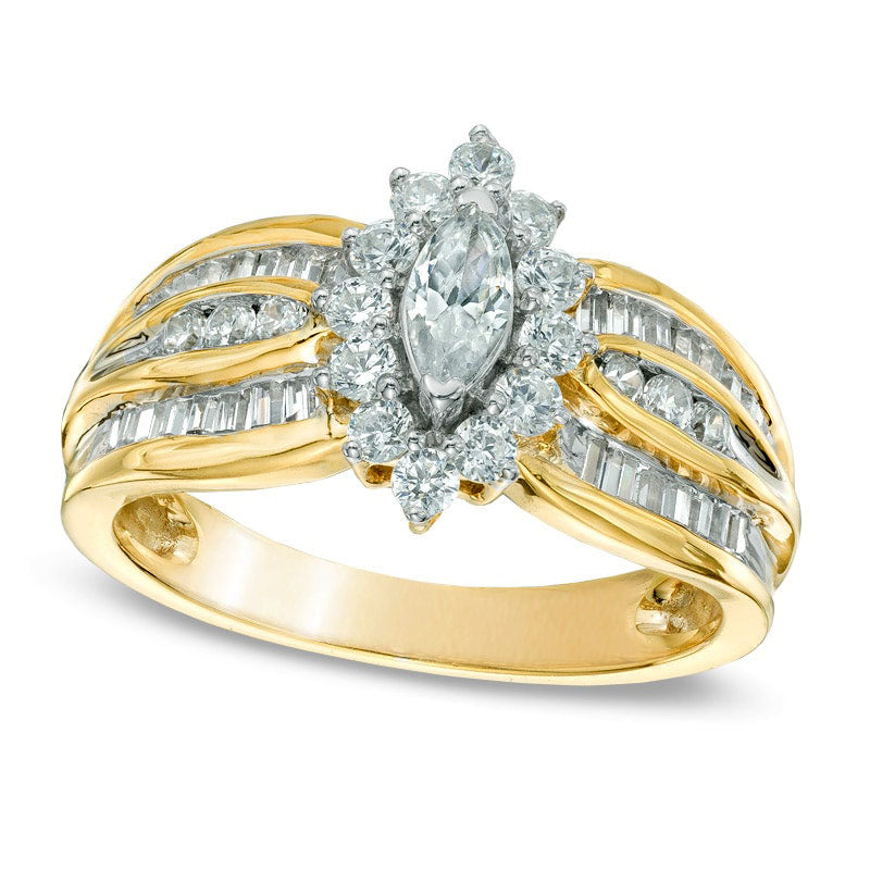 1.0 CT. T.W. Marquise Natural Diamond Frame Engagement Ring in Solid 10K Yellow Gold