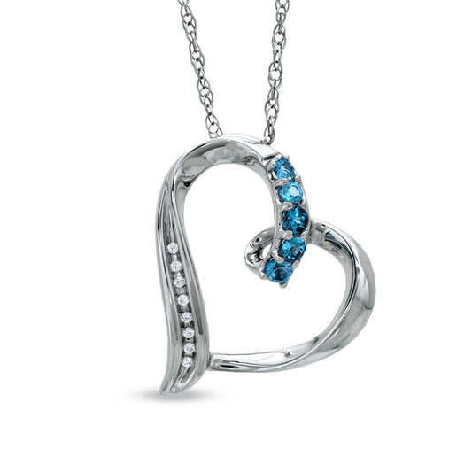 Blue Topaz and Natural Diamond Accent Tilted Looping Heart Pendant in Sterling Silver