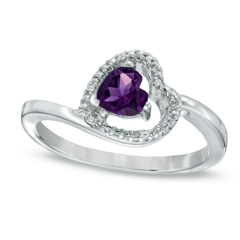 5.0mm Sideways Heart-Shaped Amethyst and Natural Diamond Accent Promise Ring in Sterling Silver