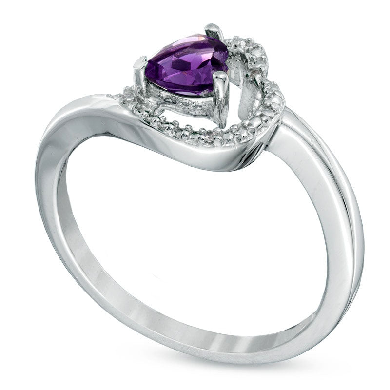 5.0mm Sideways Heart-Shaped Amethyst and Natural Diamond Accent Promise Ring in Sterling Silver