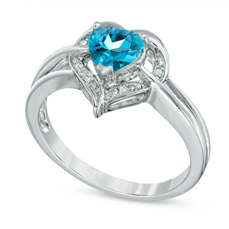 6.0mm Heart-Shaped Blue Topaz and Natural Diamond Accent Ring in Sterling Silver