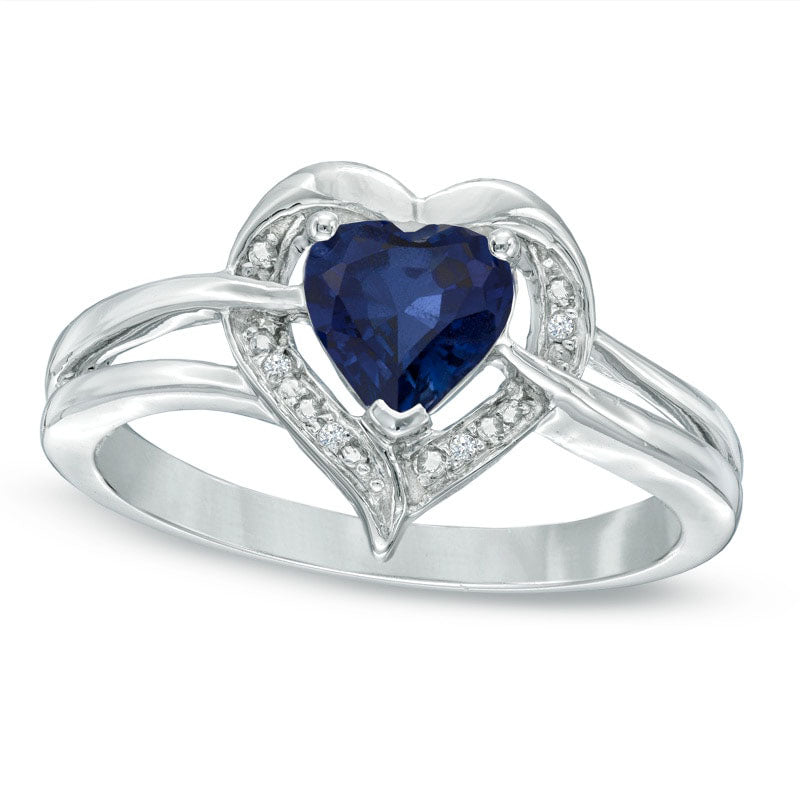 6.0mm Heart-Shaped Lab-Created Blue Sapphire and Diamond Accent Ring in Sterling Silver