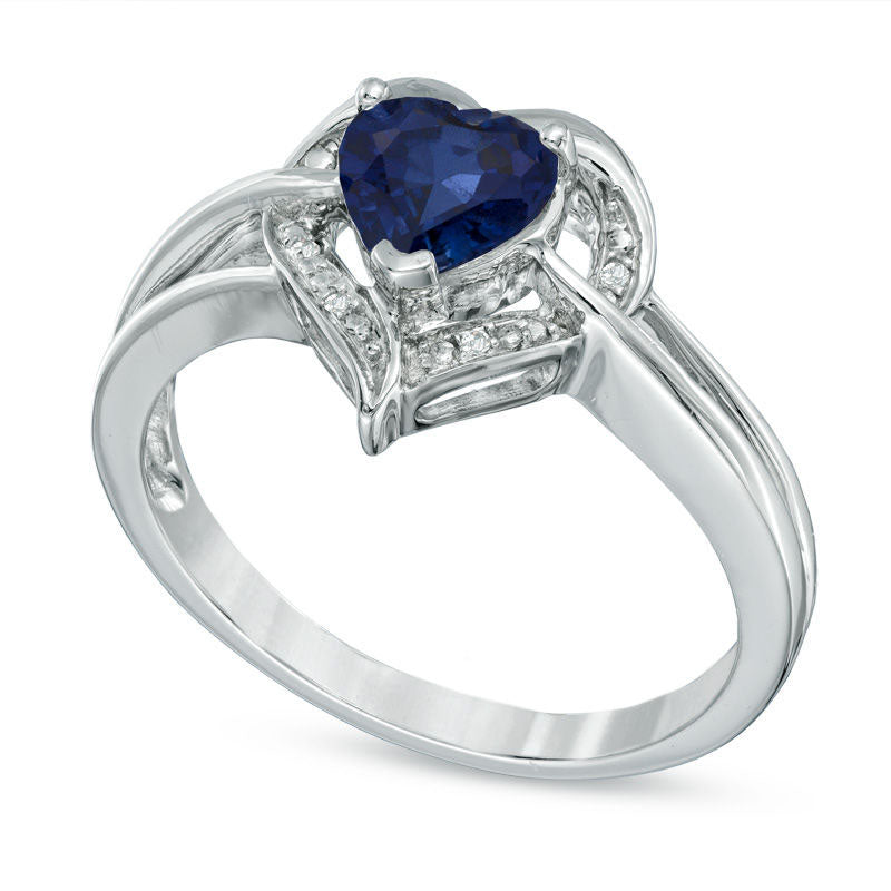 6.0mm Heart-Shaped Lab-Created Blue Sapphire and Diamond Accent Ring in Sterling Silver