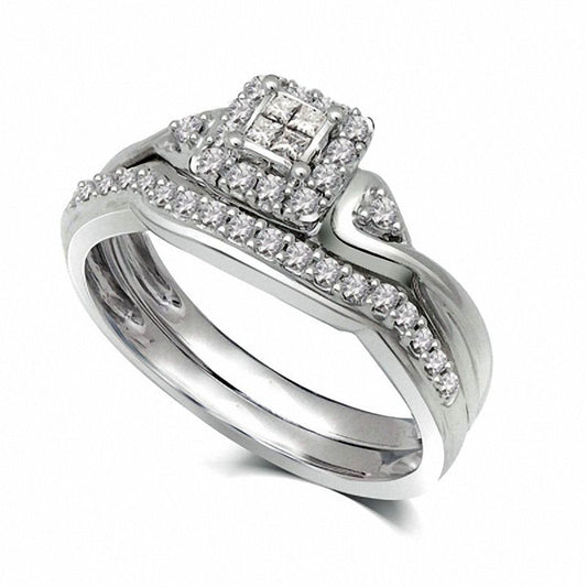 0.25 CT. T.W. Quad Princess-Cut Natural Diamond Frame Bridal Engagement Ring Set in Solid 10K White Gold