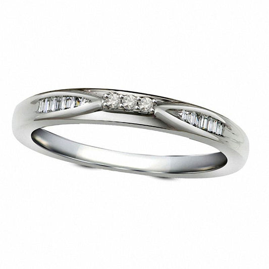 Ladies' Natural Diamond Accent Three Stone Wedding Band in Solid 10K White Gold