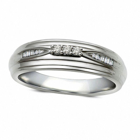 Men's 0.10 CT. T.W. Natural Diamond Three Stone Wedding Band in Solid 10K White Gold