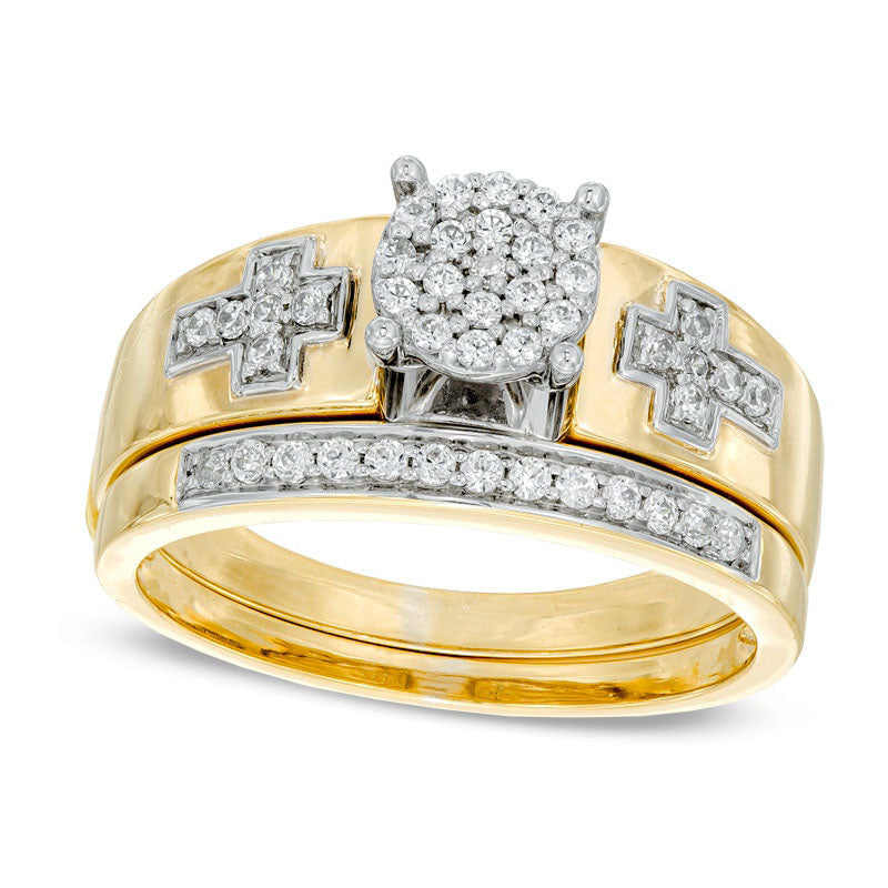 0.25 CT. T.W. Natural Diamond Cross Bridal Engagement Ring Set in Solid 10K Yellow Gold