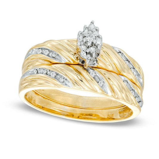 Marquise Composite Natural Diamond Accent Beaded Bridal Engagement Ring Set in Solid 10K Yellow Gold