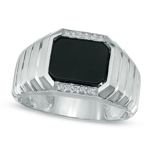 Men's Rectangular Onyx and Natural Diamond Accent Ring in Solid 14K White Gold