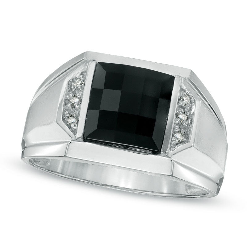 Men's 8.5mm Square-Cut Onyx and Natural Diamond Accent Ring in Solid 14K White Gold