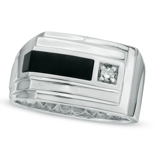 Men's Rectangular Onyx and Natural Diamond Accent Layered Bar Ring in Solid 10K White Gold