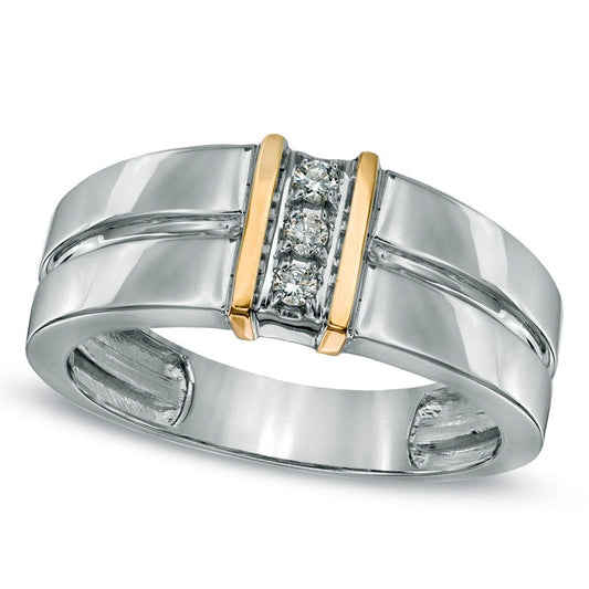 Men's Natural Diamond Accent Linear Three Stone Ring in Solid 10K Two-Tone Gold